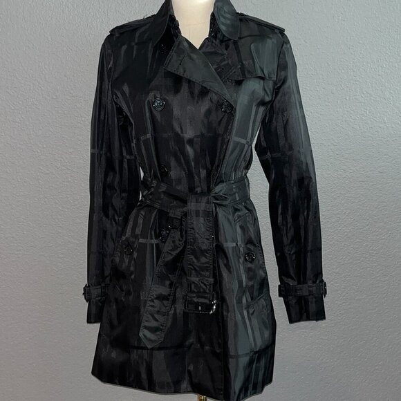 BURBERRY BRIT Classic Black on Black Plaid Trench Coat EUC - Like New size 8P - Picture 1 of 15